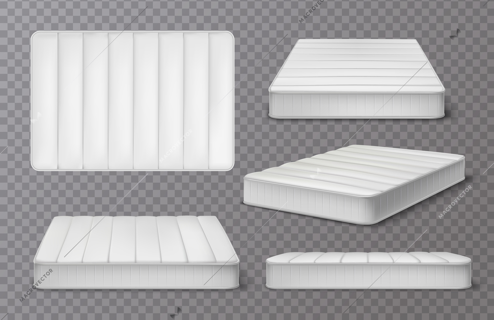 Mattress realistic set on transparent background with five isolated views of sleeping mattress with shadows vector illustration