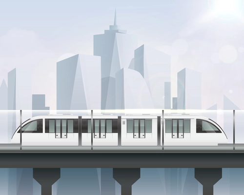 Passenger tram train realistic composition with view of cityscape and light railway with modern metropolitan train vector illustration