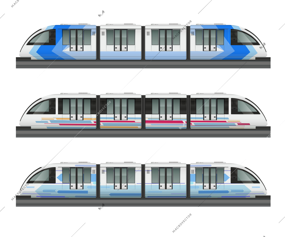 Passenger tram train realistic mockup with side view of three metropolitan trains with various coloring livery vector illustration