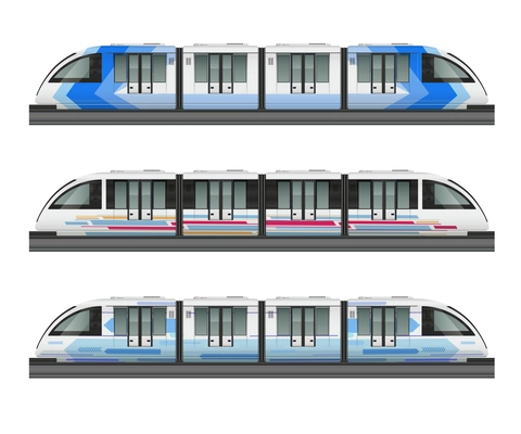 Passenger tram train realistic mockup with side view of three metropolitan trains with various coloring livery vector illustration