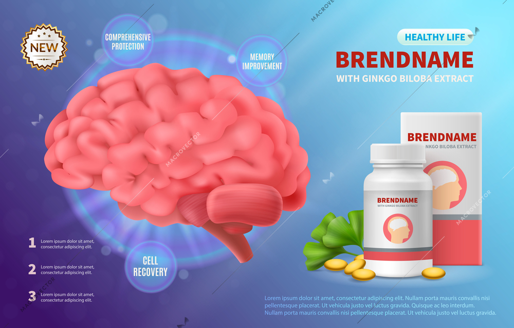 Brain medicine advertising realistic composition of human brain image and drug package with editable brand name vector illustration