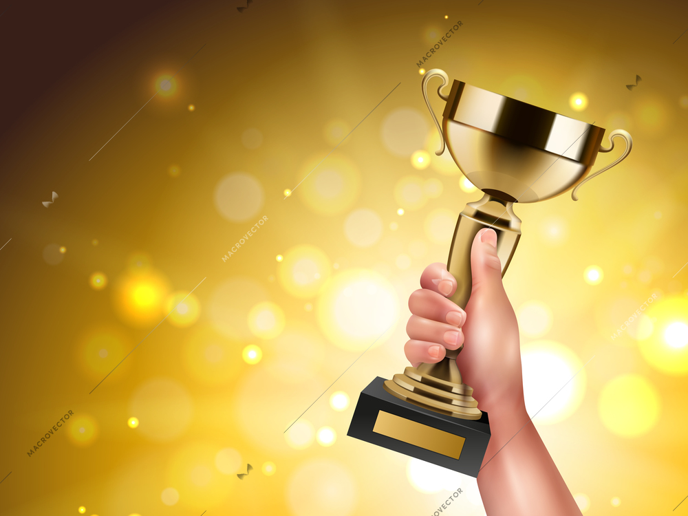 Trophy in hand realistic composition with human wrist holding golden cup on blurry background with flares vector illustration