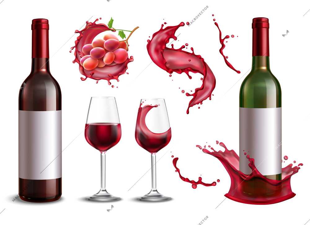 Wine splash collection with isolated realistic images of red wine bottles bunch of grapes and glasses vector illustration