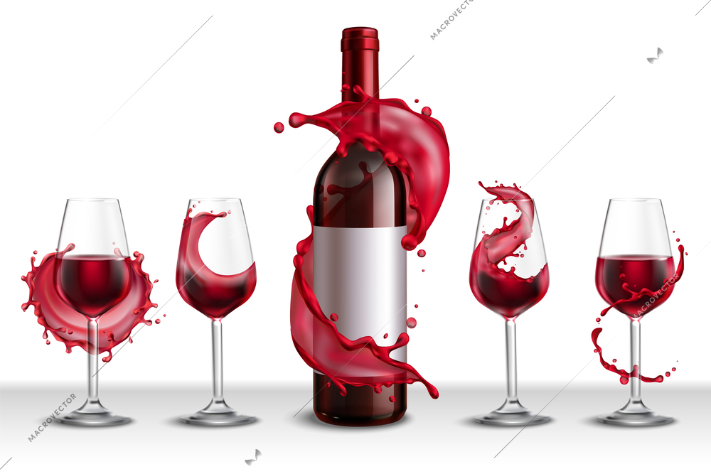 Wine splash realistic set with bottle of red wine and four drinking glasses filled with drink vector illustration