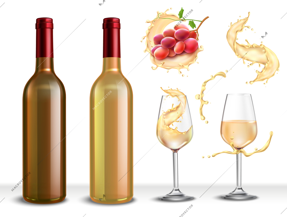 Wine splash realistic collection of isolated images with bottles drinking glasses and spray of white wine vector illustration