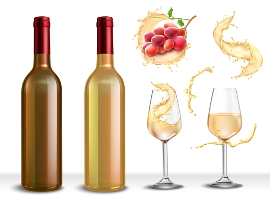 Wine splash realistic collection of isolated images with bottles drinking glasses and spray of white wine vector illustration