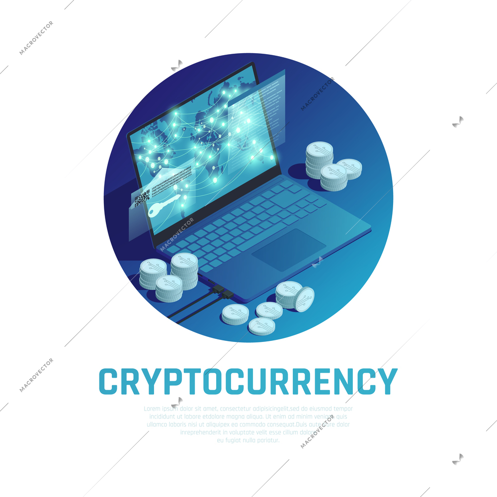 Cryptocurrency blue round composition with bitcoin stacks and blockchain technology on laptop screen isometric vector illustration