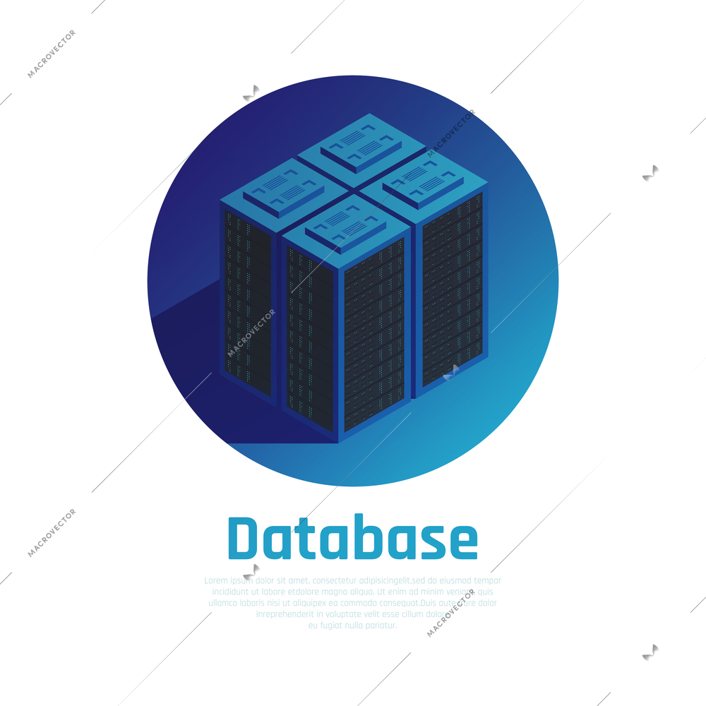 Database blue round background demonstrating storage station hardware racks in server room isometric vector illustration