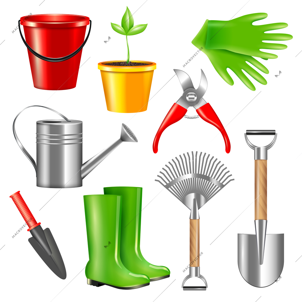 Realistic gardening tool set with isolated images of  pieces of garden gear equipment on blank background vector illustration