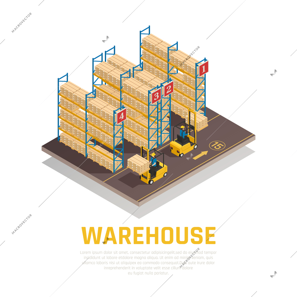 Warehouse isometric composition of racks with boxes and workers loading cargo by forklift vector illustration