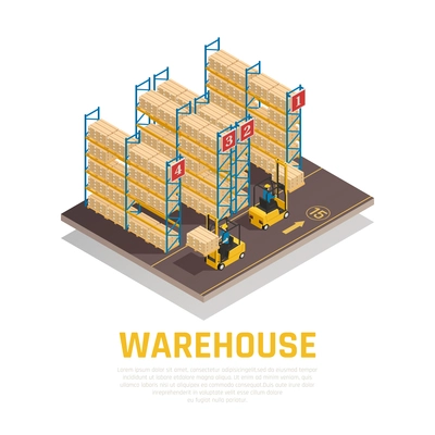 Warehouse isometric composition of racks with boxes and workers loading cargo by forklift vector illustration