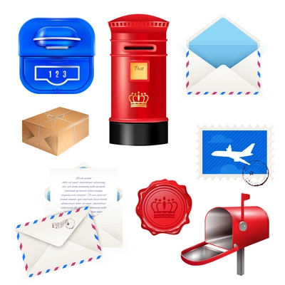 Realistic post mailbox letter set with isolated images of various parcel post packages boxes and envelopes vector illustration