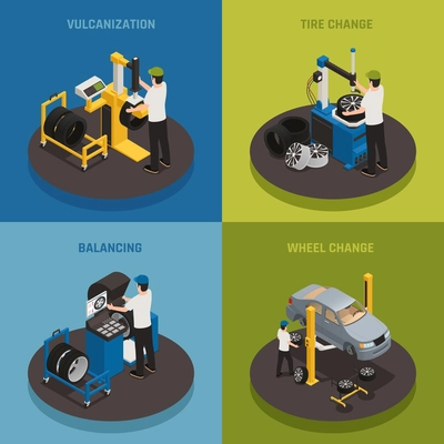 Tire production 2x2 design concept  set of vulcanization balancing wheel change square compositions isometric vector illustration
