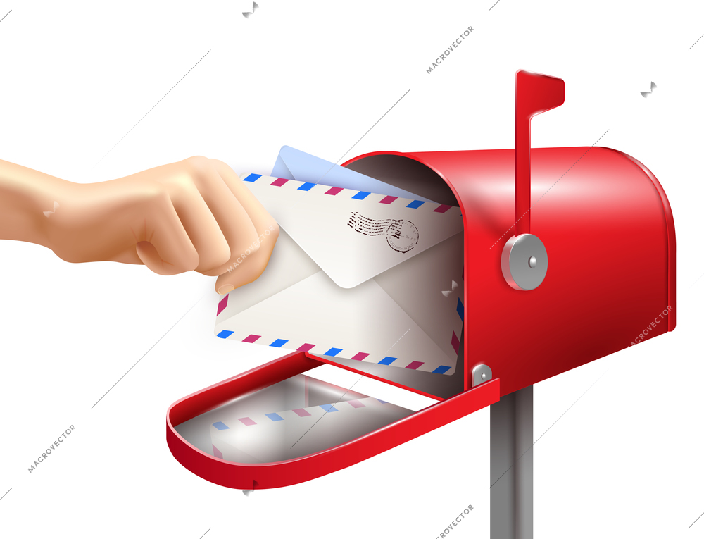Realistic post mailbox letter hand composition with images of human hand envelopes and classic mail box vector illustration