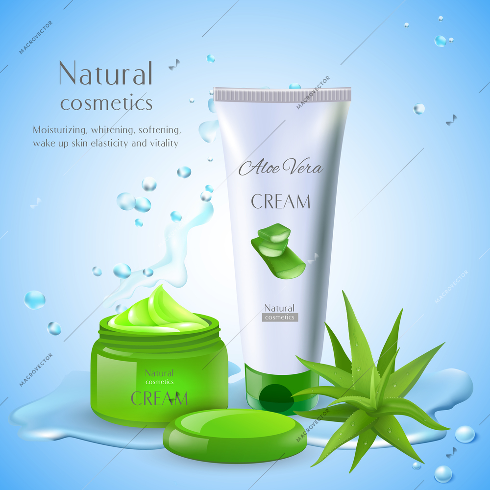 Aloe vera background with editable text and cosmetic products with packages for cream and water drops vector illustration
