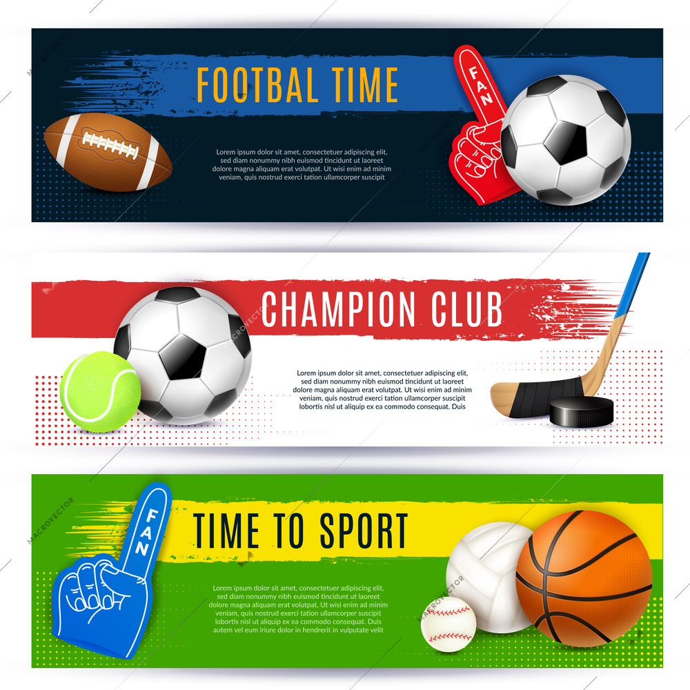 Realistic sport banners set of three horizontal compositions with stickers and images of balls with text vector illustration