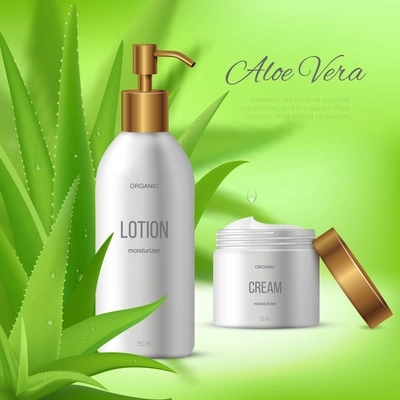 Aloe vera lotion and cream background composition with natural plant leaves and plastic packages for cosmetic products vector illustration