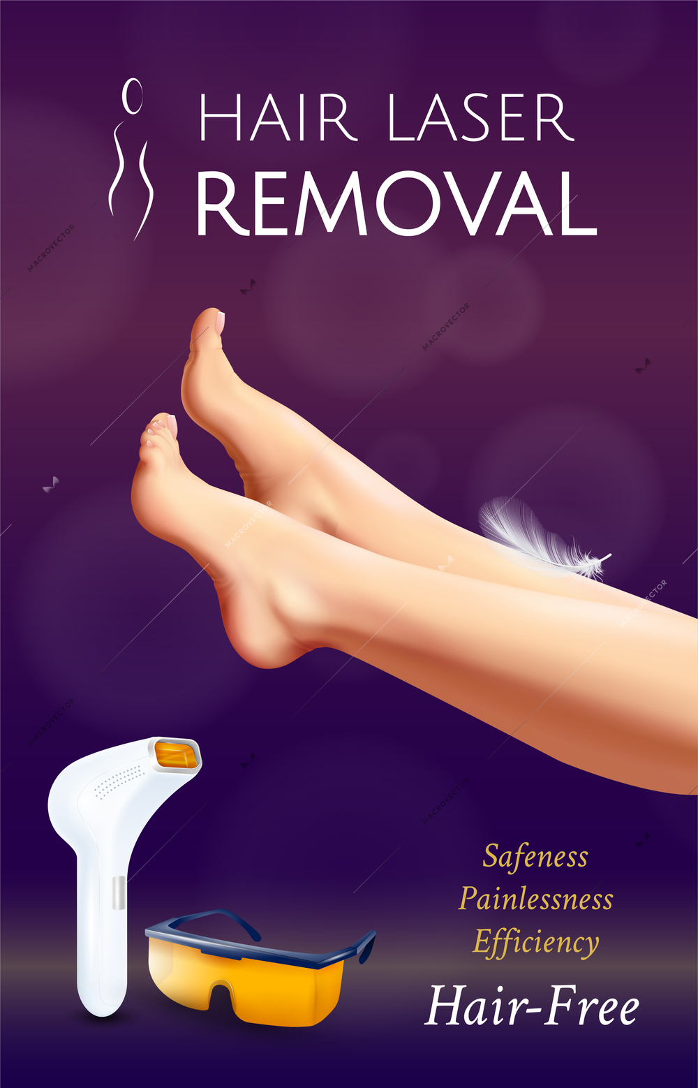 Realistic photoepilation vertical poster with laser assisted hair removal tools female legs and editable text vector illustration