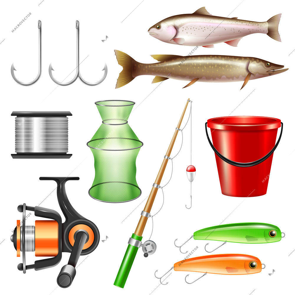 Realistic fishing set with isolated images of fish tackle and pieces of equipment on blank background vector illustration