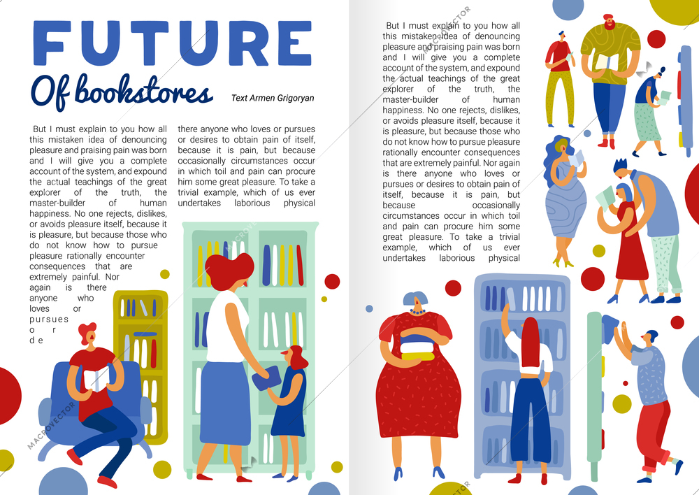 Future of book store infographics with people during choice and reading of literature flat vector illustration