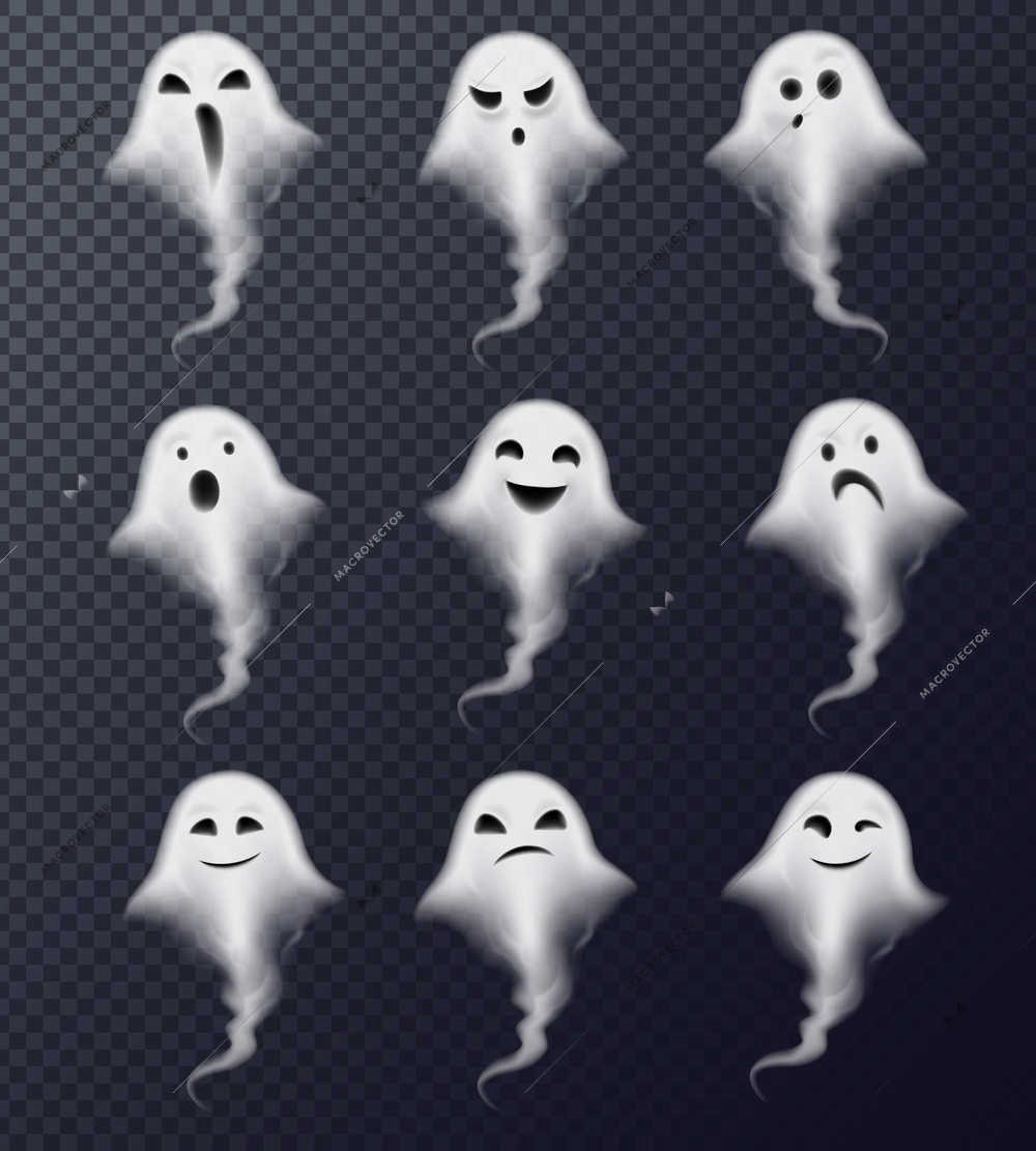 Ghost image of vapor steam smoke realistic spooky emotions icons collection against dark transparent background vector illustration