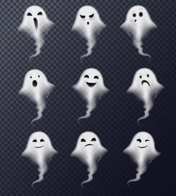 Ghost image of vapor steam smoke realistic spooky emotions icons collection against dark transparent background vector illustration