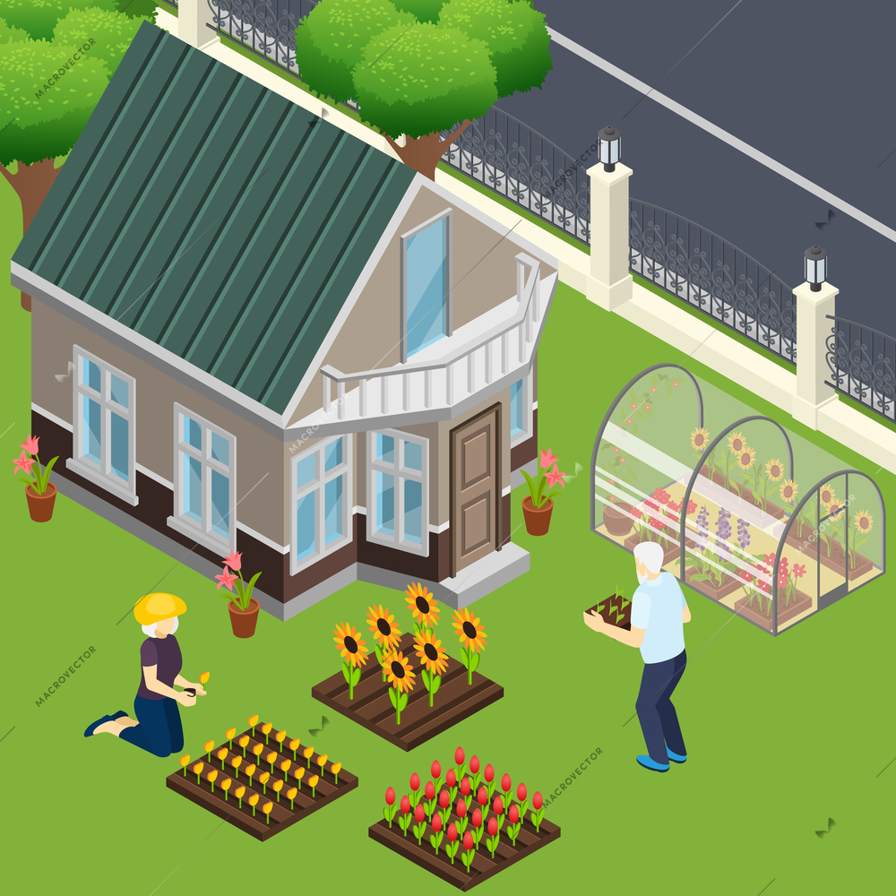 Pensioners near own home during work in garden isometric vector illustration