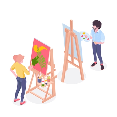 Artists working on painting standing at easel in drawing studio with pallet and brushes isometric vector illustration