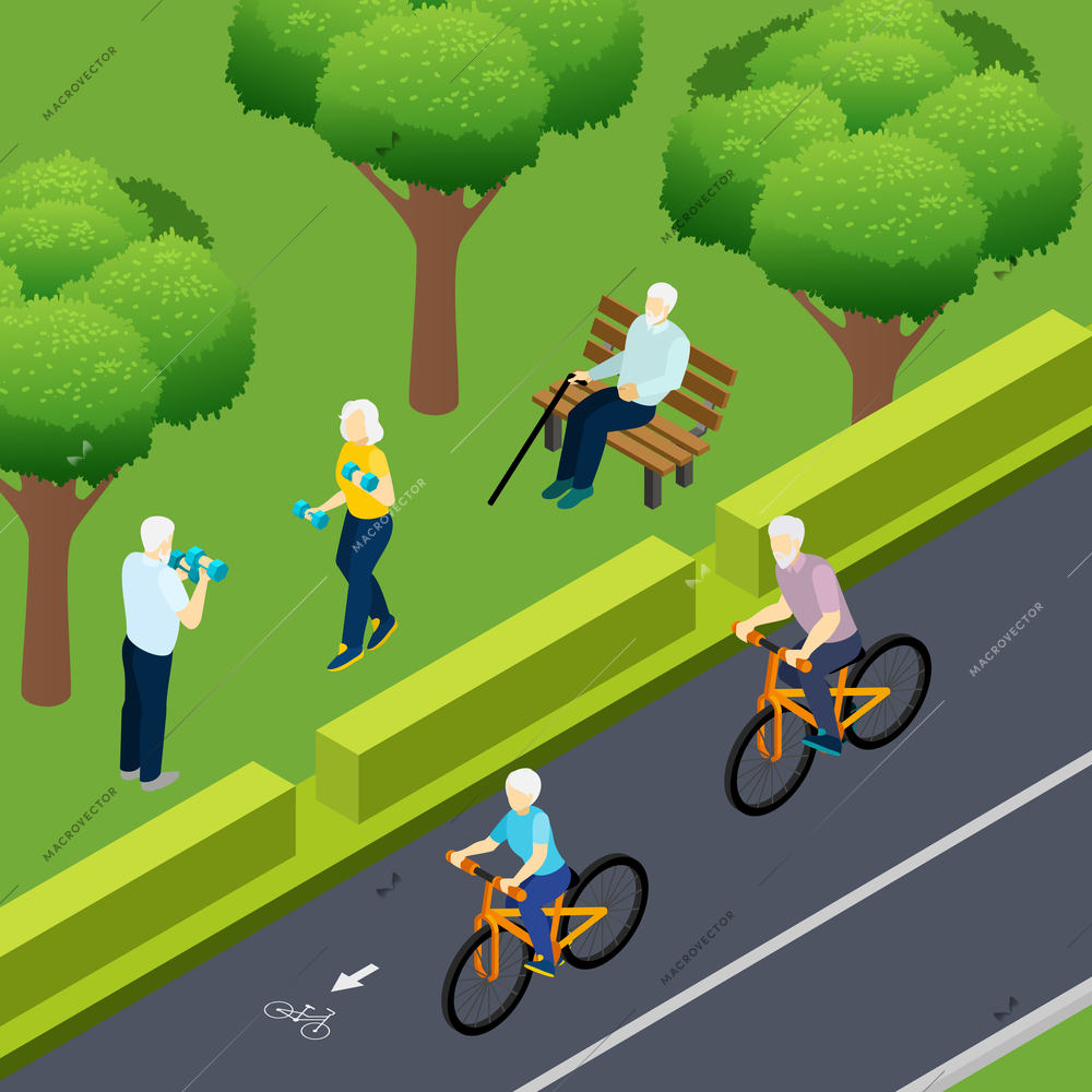 Pensioners during outdoor activity bicycle riding fitness and lonely elderly man sitting on bench isometric vector illustration