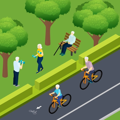 Pensioners during outdoor activity bicycle riding fitness and lonely elderly man sitting on bench isometric vector illustration