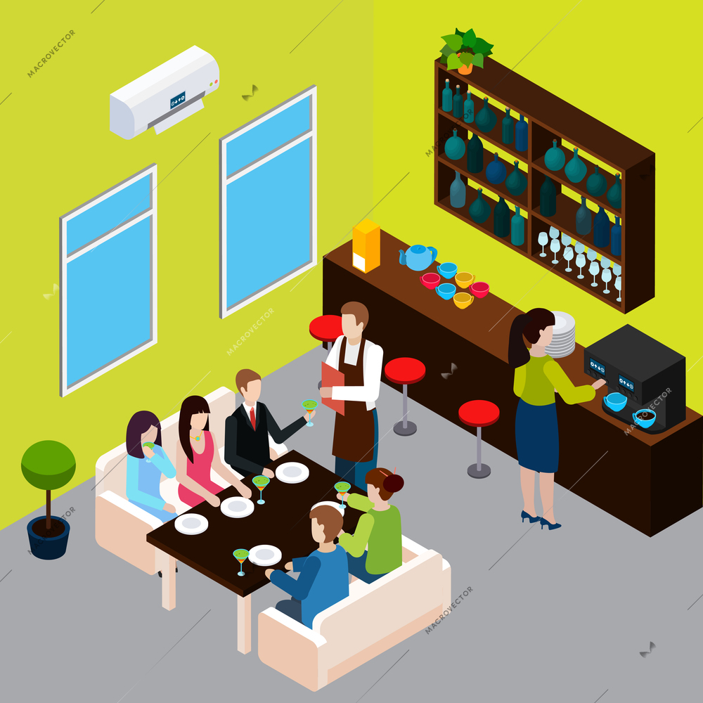 Restaurant isometric composition waiter with menu and customers on sofas barista during making coffee vector illustration