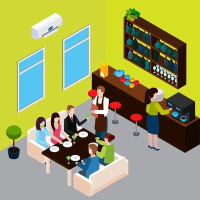 Restaurant isometric composition waiter with menu and customers on sofas barista during making coffee vector illustration