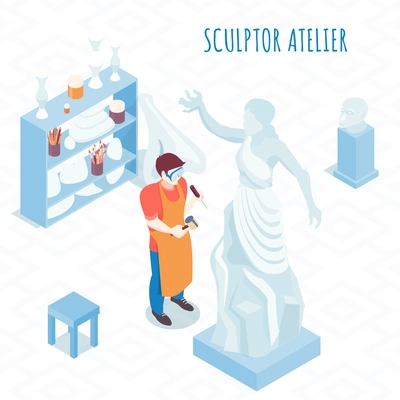 Fine artist at work isometric composition with sculptor carving stone stature with hammer and chisel vector illustration