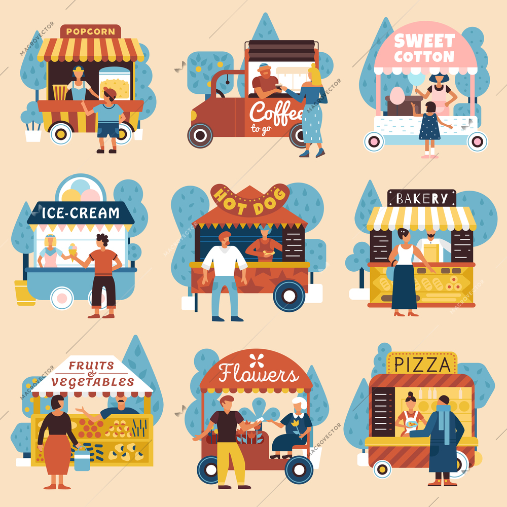 Sellers buyers street vendors retro style flat compositions set with pizza hot dog  trucks isolated vector illustration