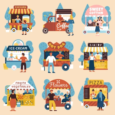 Sellers buyers street vendors retro style flat compositions set with pizza hot dog  trucks isolated vector illustration