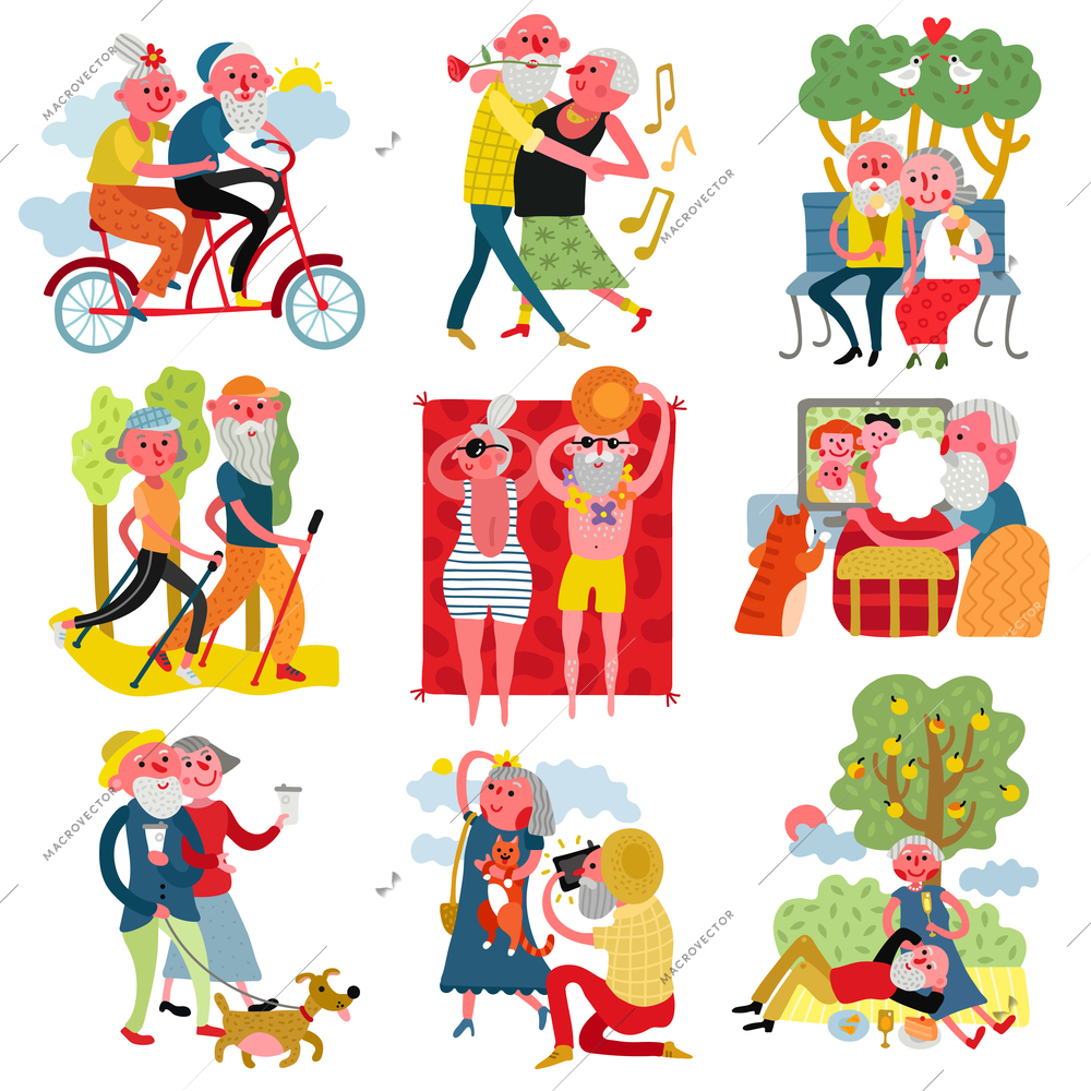 Elderly people healthy active lifestyle 9 cartoon compositions with couples walking dog dancing biking isolated vector illustration