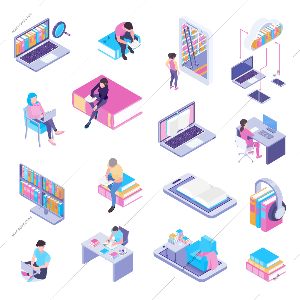 Online library isometric elements icons collection with laptop electronic catalog web page user headphones isolated vector illustration