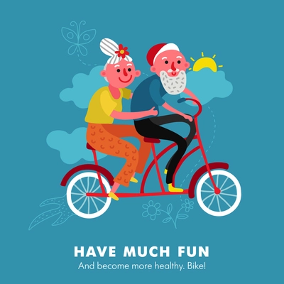 Elderly active healthy lifestyle cartoon poster with couple having fun with cycling tandem bicycle background vector illustration