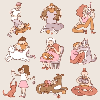 People playing running hugging caressing their dogs and cats pets 9 flat cartoon retro isolated vector illustration