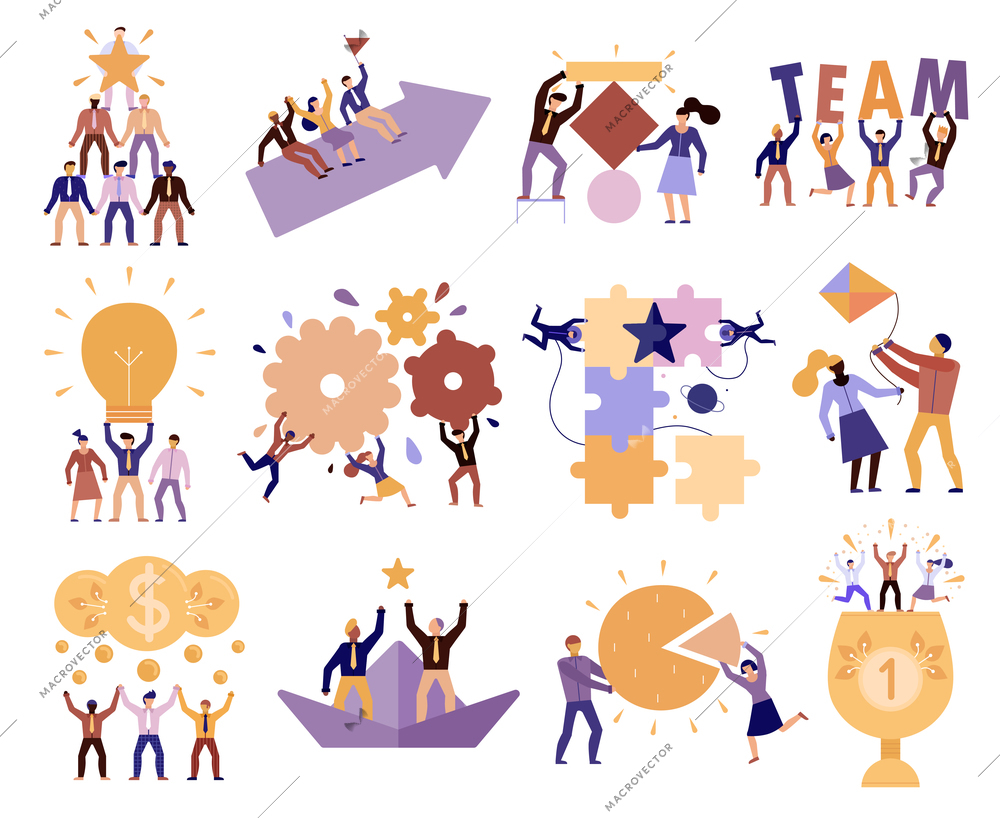 Effective teamwork in workplace 12 cartoon compositions of successful team members cooperation trust goals commitment vector illustration