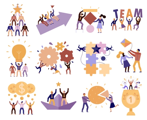 Effective teamwork in workplace 12 cartoon compositions of successful team members cooperation trust goals commitment vector illustration