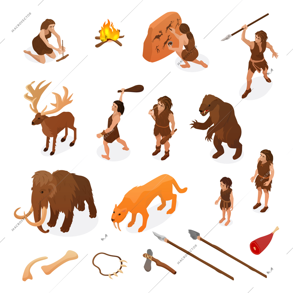 Primitive people life isometric set with hunting weapons starting fire rock painting dinosaur mammoth isolated vector illustration