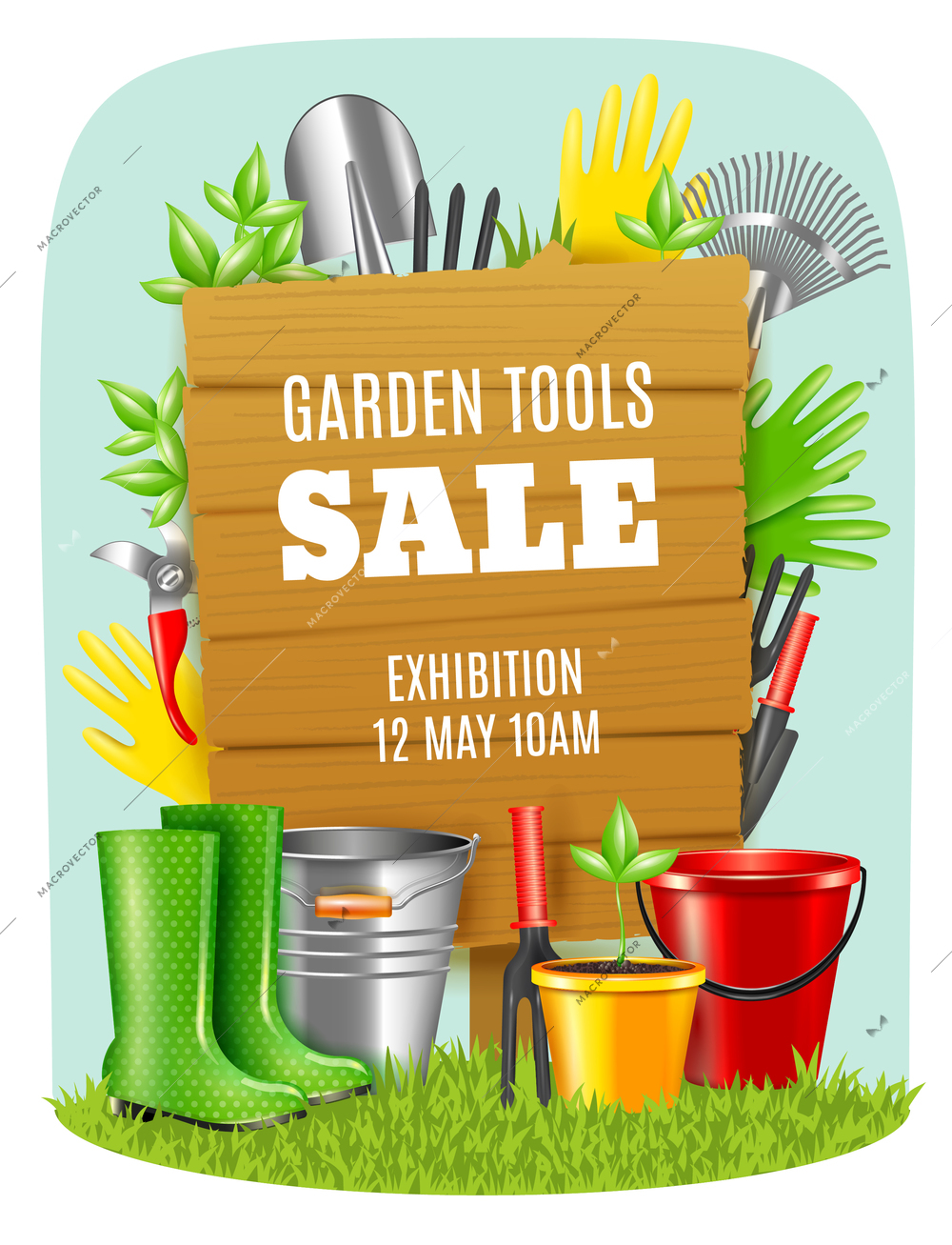 Advertising poster exhibition sale of garden tools on light background realistic vector illustration