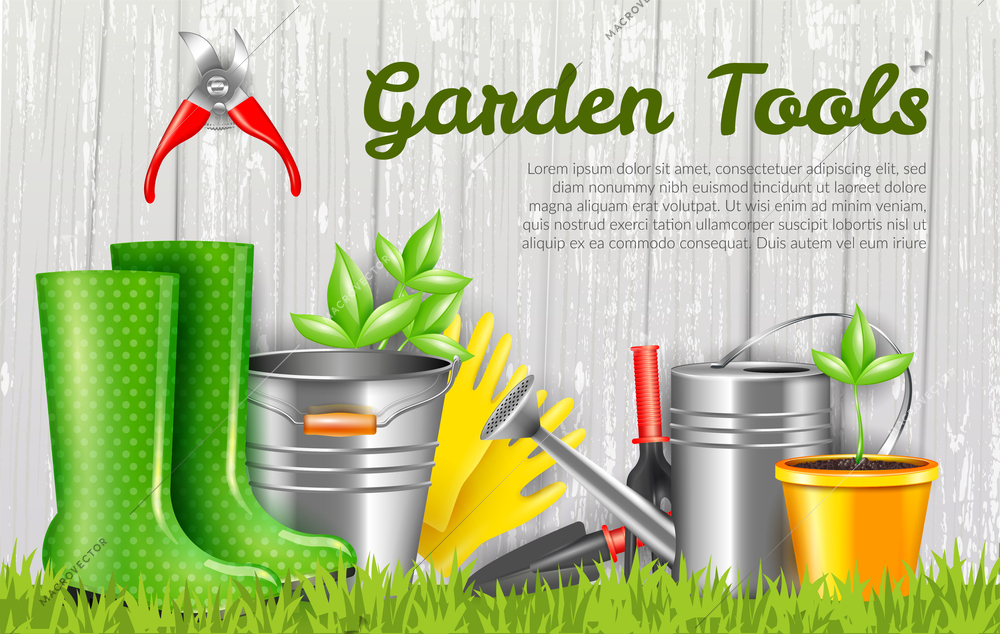 Realistic garden tools and sprout in yellow pot on grey wooden background horizontal vector illustration