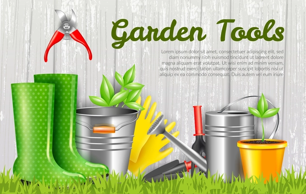 Realistic garden tools and sprout in yellow pot on grey wooden background horizontal vector illustration