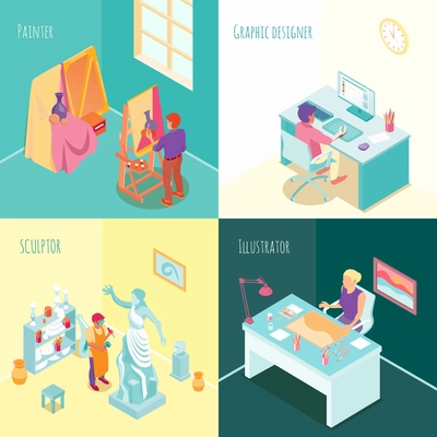 Artist at work concept isometric set with sculptor painter graphic designer and  freelance illustrator isolated vector illustration