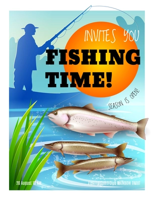 Opening of fishing season poster fisher during catching of trout and pike on boat realistic vector illustration