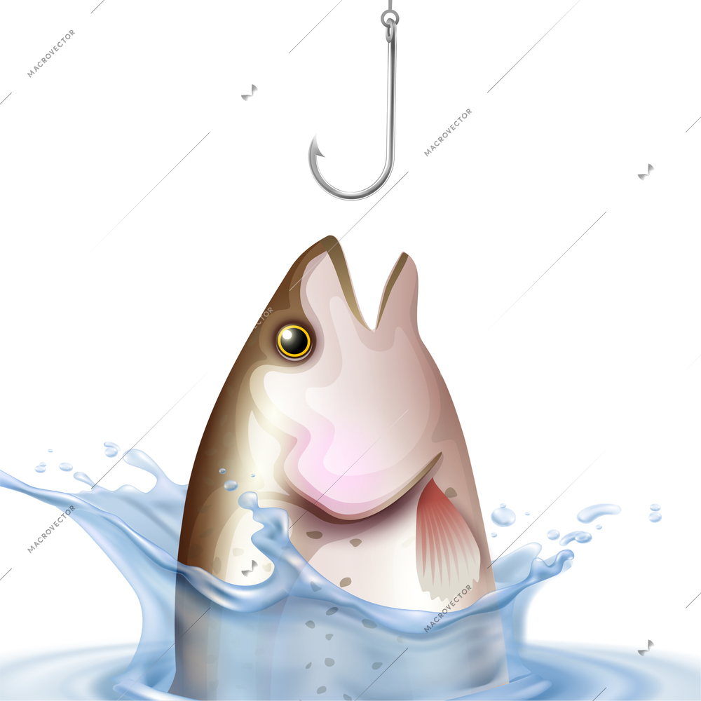 Fishery composition rainbow trout during swallowing hook in water splashes on white background realistic vector illustration