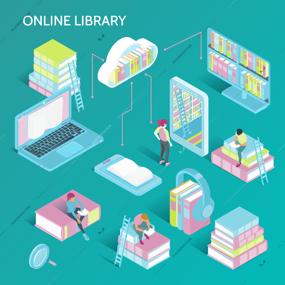 Online library concept isometric symbols set with electronic books catalog cloud storage laptop reader headphones vector illustration