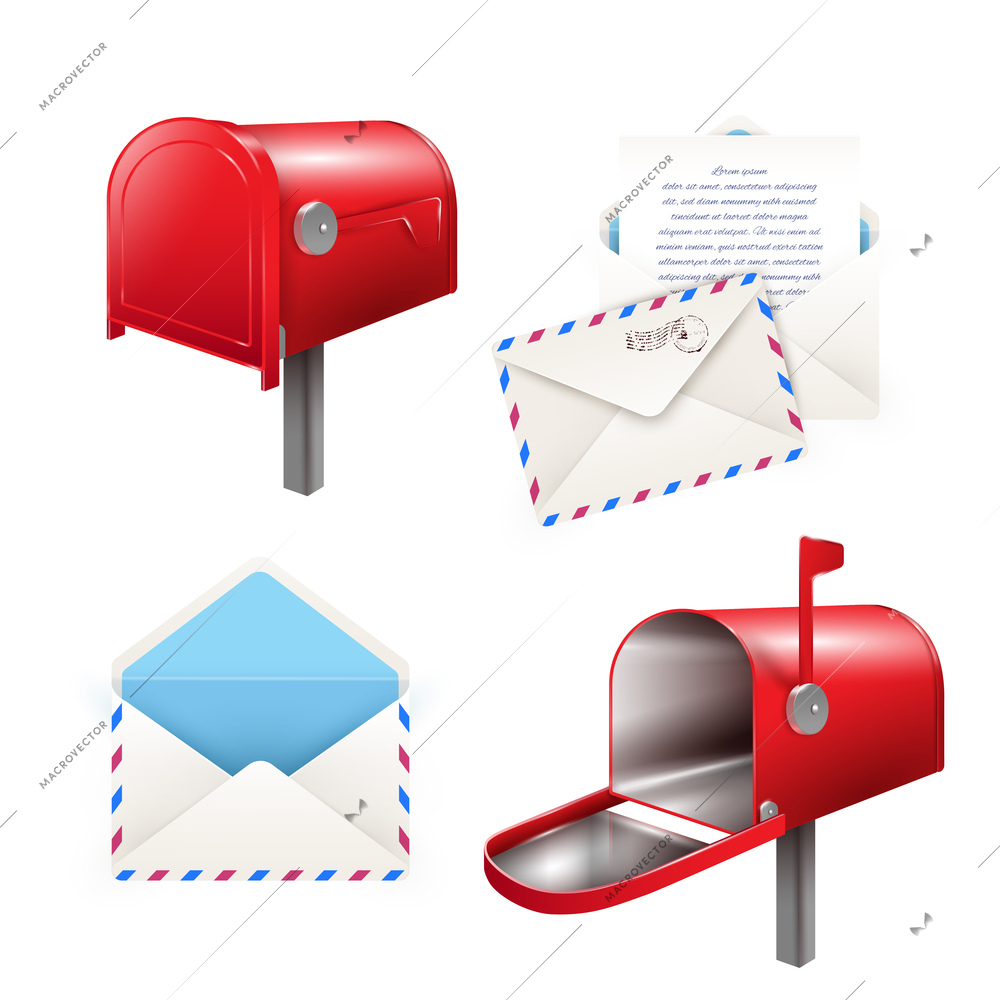 Set of realistic postal elements red mail box and letter with envelope isolated vector illustration